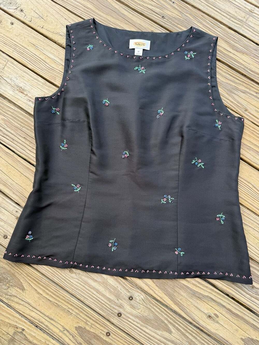 Talbots Size 14 Black Sleeveless Beaded Floral Silk Shell Top